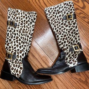 Calfskin Leopard print & Brown Leather Designer Boots